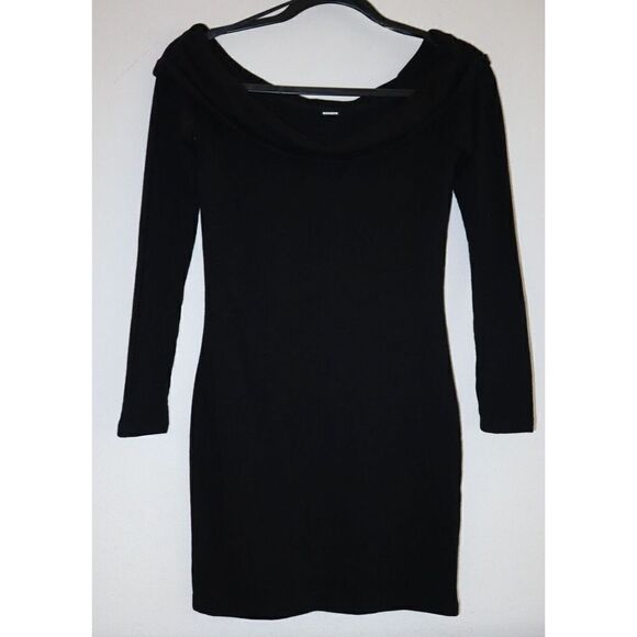 Monrow Women's Sz Small Black Off Shoulder Long Sleeve Mini Dress - Picture 3 of 8
